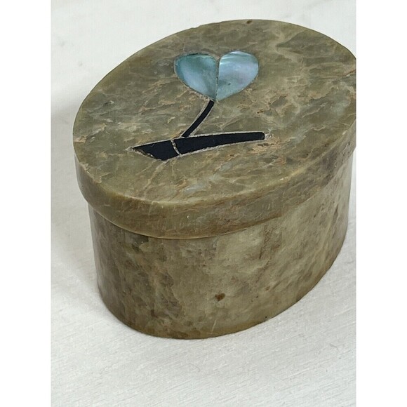 Vintage Soapstone Oval Blue Abalone & Onyx Tulip Inlay Keepsake Box Blue - Picture 4 of 16